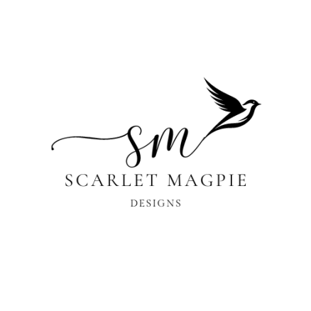 Logo black and white bird flying from the words Scarlet Magpie Designs