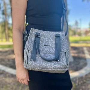 Vadon grey bag with dark feature handles in grey leopardskin